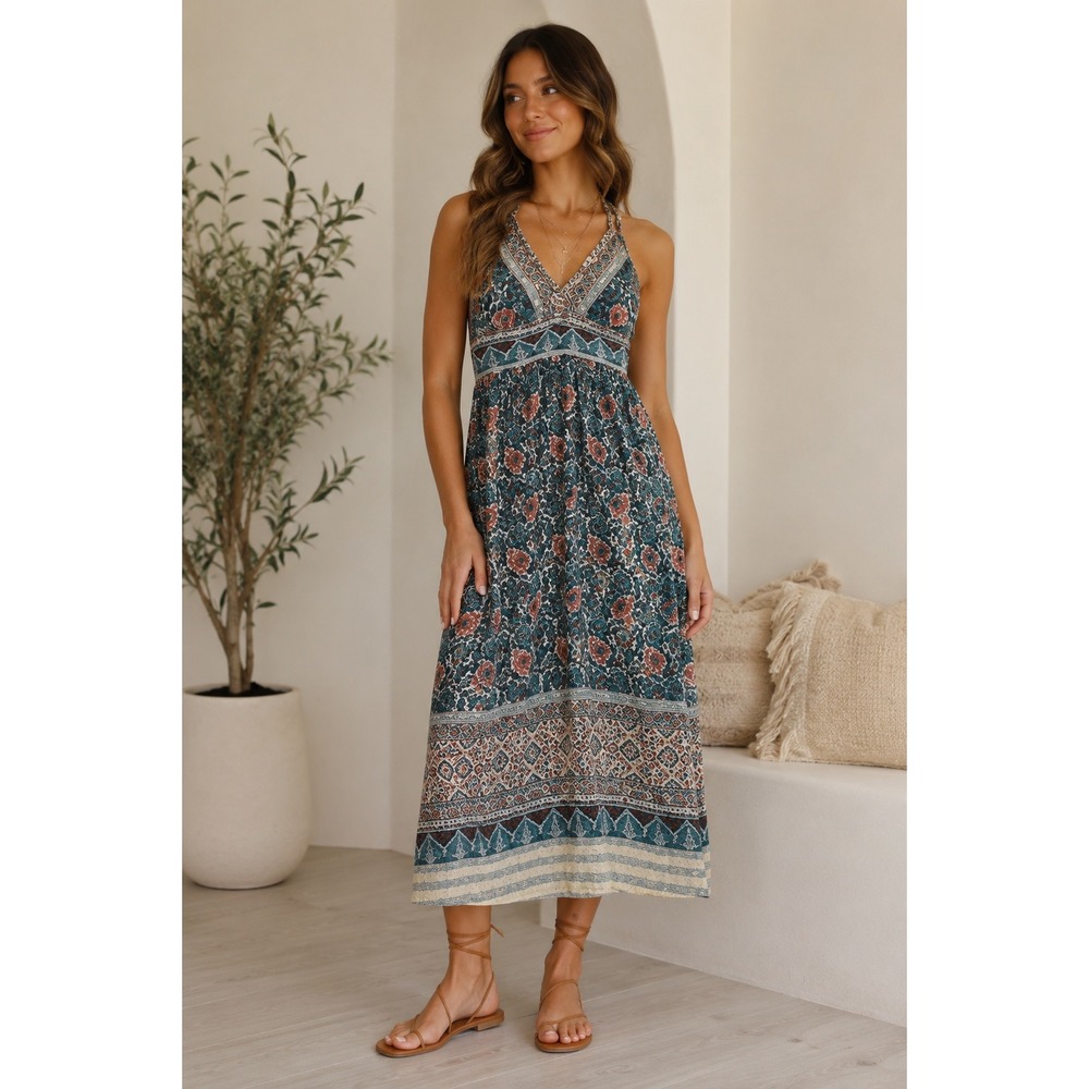 Angie Women Teal Floral Geometric Boho Rayon Maxi Dress Medium Smocked Back